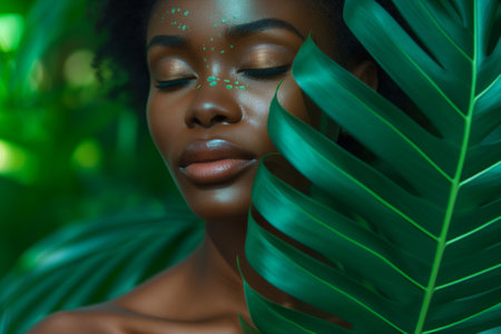 Beautiful african american woman with green leaf on her faceの素材