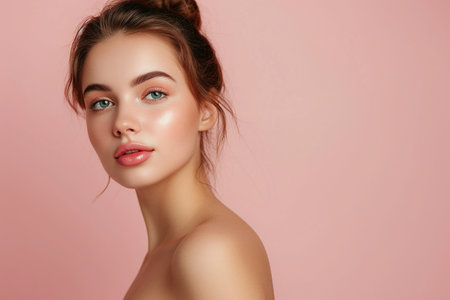 Beautiful young woman with clean fresh skin on pink background, copy spaceの素材