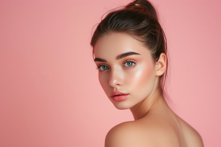 Portrait of beautiful young woman with clean fresh skin on pink backgroundの素材