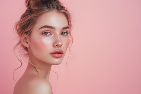 Portrait of a beautiful young woman with clean fresh skin on a pink backgroundの素材