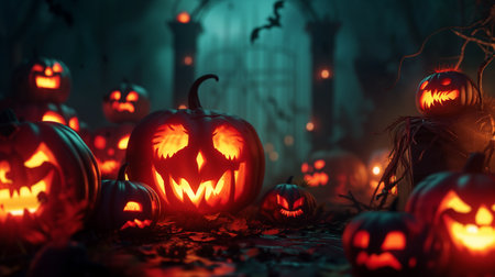 Halloween pumpkins on dark spooky forest background. Halloween concept.の素材