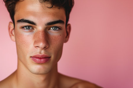 Portrait of a young handsome man on a pink background. Close-up.の素材