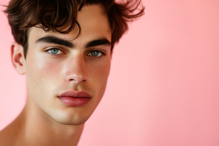 Portrait of a handsome young man on a pink background. Men's beauty, fashion.の素材