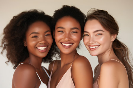 Three young women with different skin types smiling at camera on white backgroundの素材