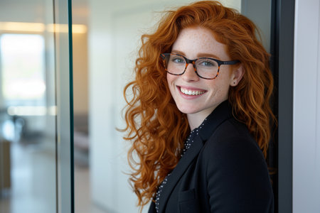 Portrait of a young redhead businesswoman with freckles wearing eyeglassesの素材