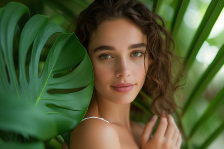 Portrait of beautiful young woman with natural makeup and green leaves.の素材