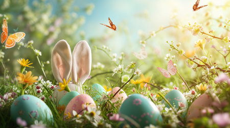 Easter eggs with bunny ears on green grass with flowers and butterfliesの素材