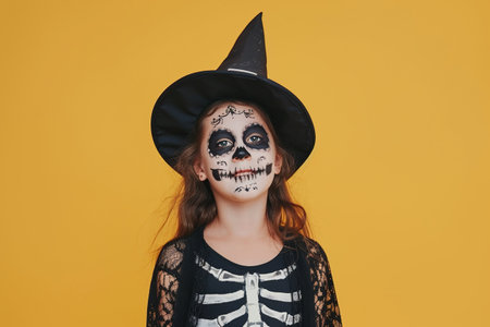 Little girl in halloween costume with skull makeup on yellow backgroundの素材