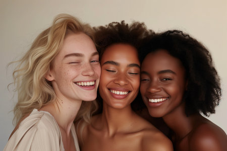 Three multiethnic women with different skin types smiling and looking at cameraの素材
