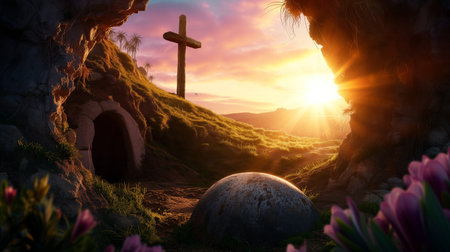 Fantasy landscape with a cross and a stone chapel. 3d renderの素材