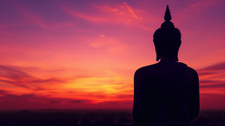Silhouette of buddha statue on sunset sky background.の素材
