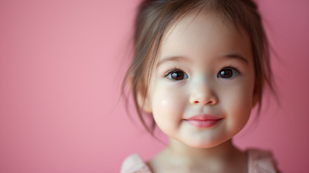 Portrait of a cute little girl on a pink background. Selective focus.の素材