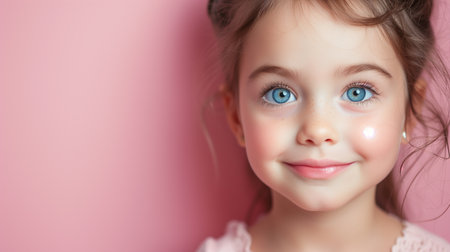 Portrait of a beautiful little girl with blue eyes on a pink backgroundの素材