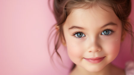 Portrait of a cute little girl with blue eyes on a pink backgroundの素材