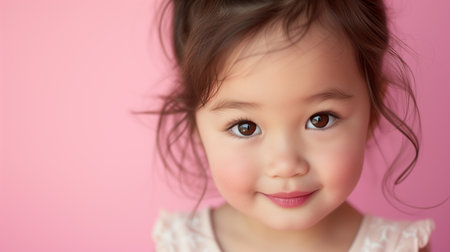 Portrait of cute little asian girl on pink background, closeupの素材