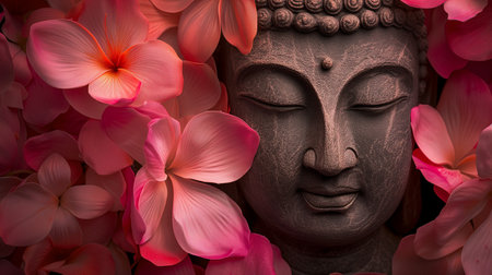 Buddha face with pink flower background, 3d illustration.の素材