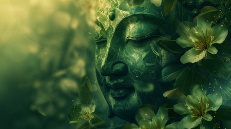 Goddess face made of green leaves and flowers, 3d renderingの素材