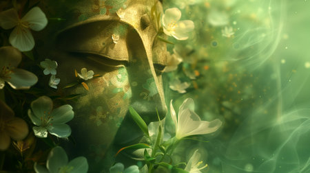 Beautiful woman face with flowers on green background. Digital painting.の素材