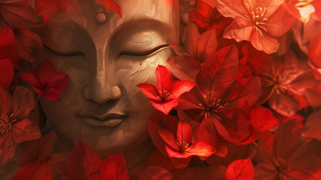 buddha face with red flower background, 3d illustration.の素材
