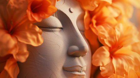 Close-up of Buddha face with orange flowers in the background.の素材