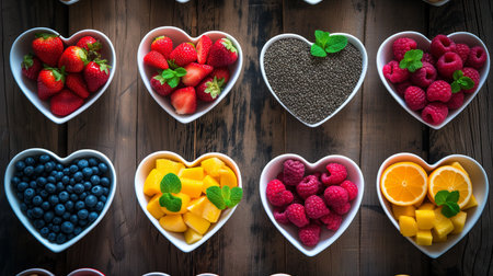 Healthy food concept. Assortment of fruit and berries in heart shaped bowls on wooden background.の素材