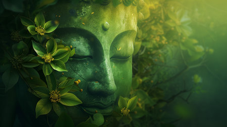 Green buddha face with flower background. 3D rendering.の素材