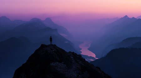 Silhouette of a man standing on top of a mountain and looking at a beautiful view of a lake.の素材