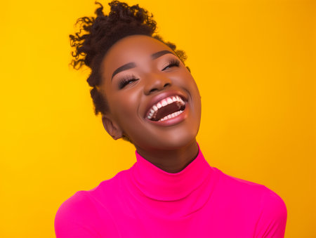 Portrait of a beautiful african american woman laughing against yellow backgroundの素材