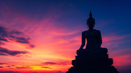 Silhouette of Buddha statue with colorful sky background at sunset.の素材