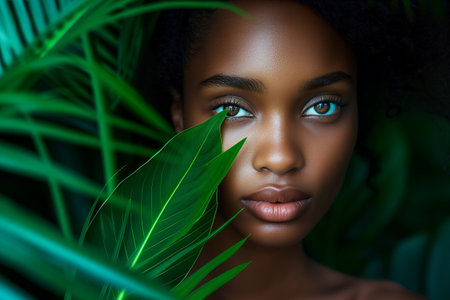 Beautiful african american woman with green leaves. Beauty and skin care concept.の素材