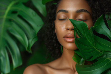 Beautiful african american woman with green leaves on her faceの素材