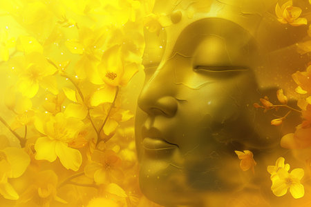 Face of Buddha and spring flowers, 3d render, tonedの素材