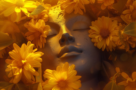 Close up of the face of a woman surrounded by yellow daisiesの素材