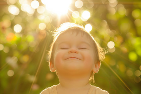Cute little girl in the rays of the setting sun and bokehの素材