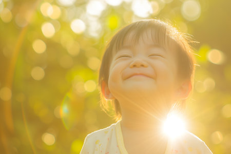 Cute asian baby girl with sun flare on nature background.の素材