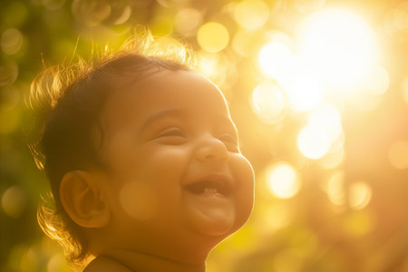 Little boy smiling in the morning light with bokeh background.の素材