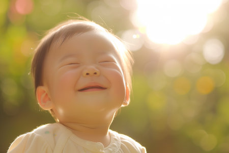 Cute asian baby boy with smile and happy face on nature backgroundの素材