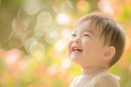 Portrait of asian baby girl smiling on bokeh backgroundの素材