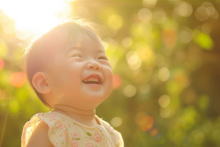 Cute asian baby girl with sun light on nature background.の素材
