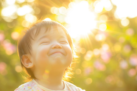 Little asian baby girl smile in the sun light on nature backgroundの素材