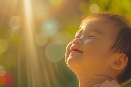Portrait of cute asian baby girl with sun flare and bokeh backgroundの素材