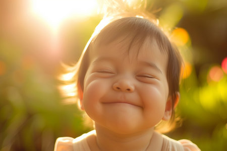 Portrait of cute little asian baby girl smiling with sunlight backgroundの素材