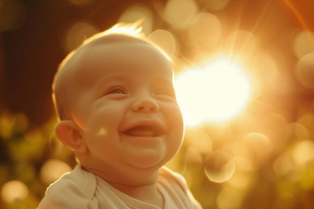 Portrait of a cute little baby boy in the rays of the setting sunの素材
