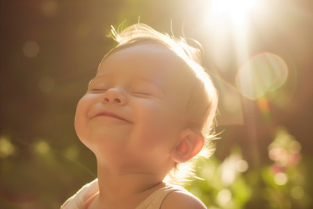 Portrait of a smiling baby girl with closed eyes in the sunlightの素材