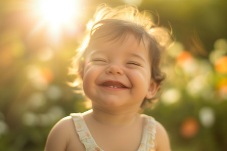 Portrait of a laughing baby girl in a field with flowers.の素材