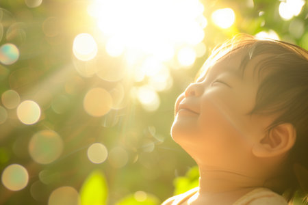 cute little baby girl on the green nature background with sun lightの素材
