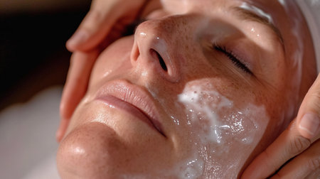 Beautiful young woman having a facial massage in a beauty salon.の素材