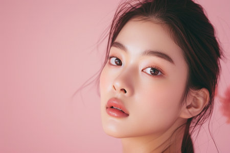 Beautiful asian woman face with clean fresh skin, on pink background, asian beautyの素材