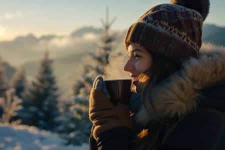 Young woman with cup of hot drink in winter mountains at sunset.の素材