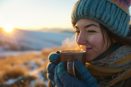 Young woman with a cup of hot drink in the winter mountains.の素材